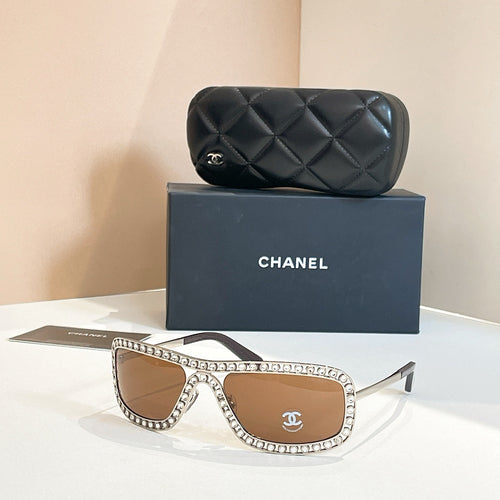 Chanel Oversized Pearl-Embellished Shield Sunglasses – Haute Lumière Edition