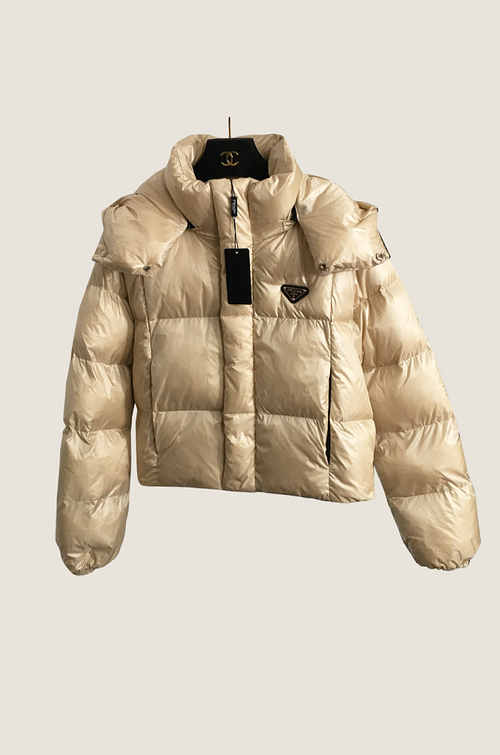 Prada Cropped Re-Nylon Puffer Jacket – Luxe Monogram Edition l