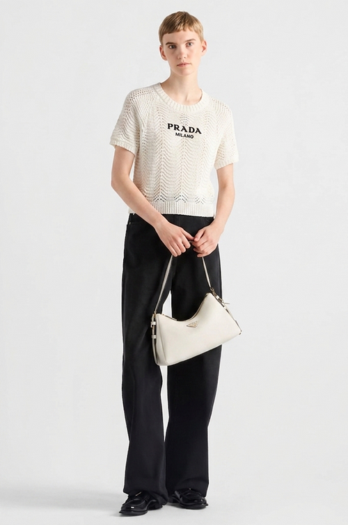 PRADA Openwork Logo Knit Cropped Top – Ivory