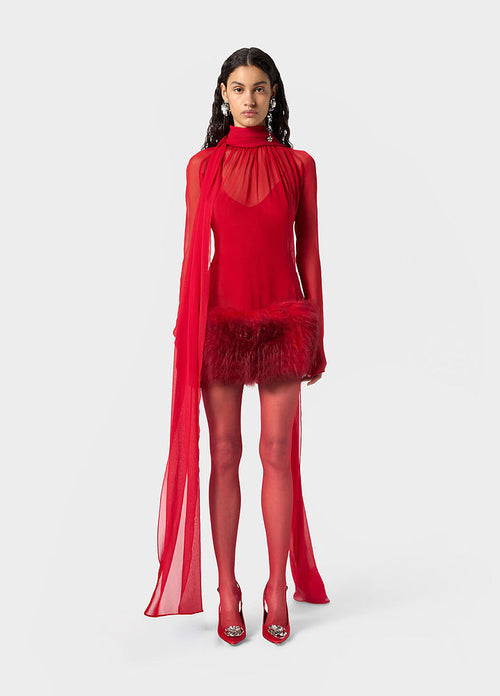 EMPRESS OF FIRE™ Feather-Trim Illusion Couture Mini Dress