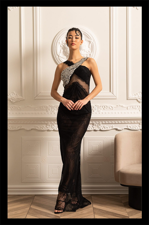 “Vespera Noire” Crystal Lace Illusion Gown