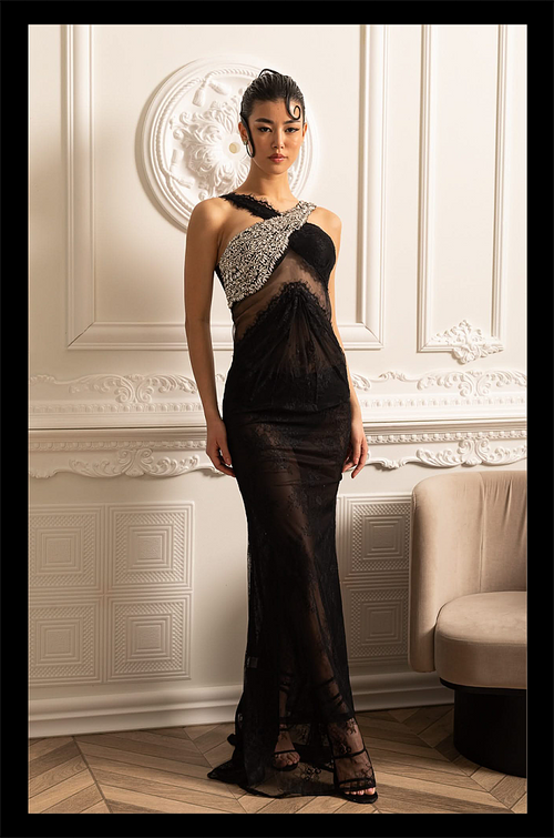 “Vespera Noire” Crystal Lace Illusion Gown