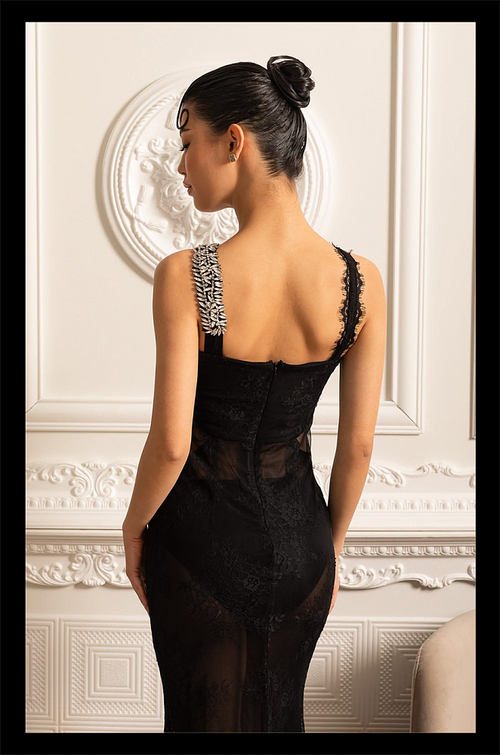 “Vespera Noire” Crystal Lace Illusion Gown