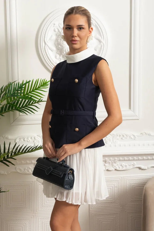 “Bleu Marquise” Pleated Contrast Mini Dress