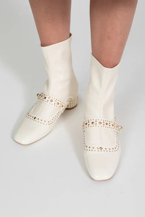 “Clarette d’Or” Studded Ivory Ankle Boots