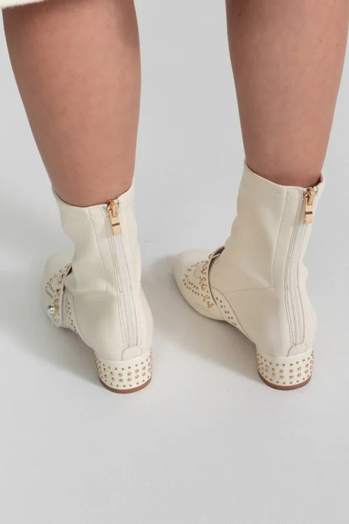 “Clarette d’Or” Studded Ivory Ankle Boots