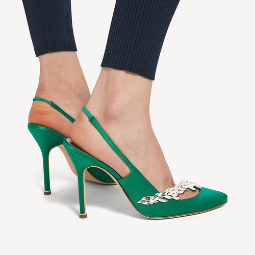Manolo Blahnik x Balenciaga Crystal-Embellished Satin Slingback Pumps – Emerald