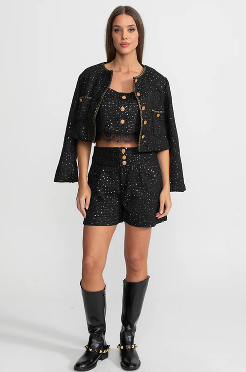 “Noir Chantelle” Embellished Tweed Three-Piece Set – Luxe Edition