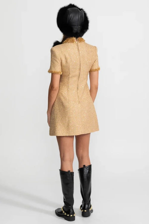 “Maison Solène” Gold Tweed Mini Dress – Luxe Edition