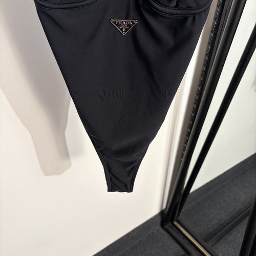 PRADA Black One-Piece Swimsuit with Gold-Tone Ring Details