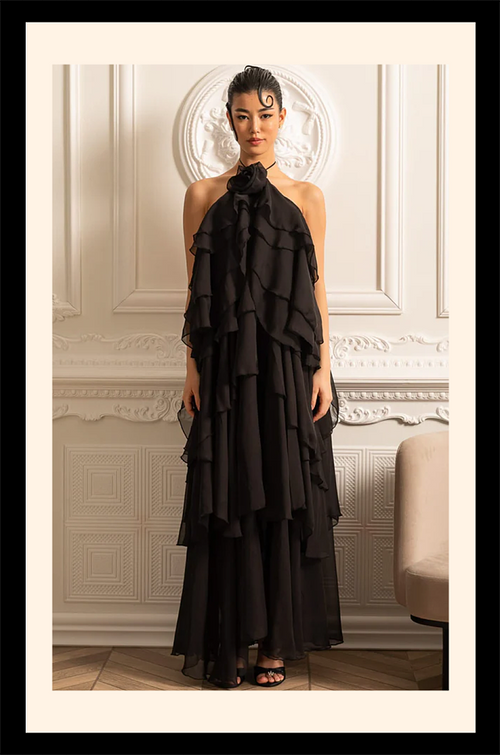 “Amara Voile” Layered Chiffon Halter Gown