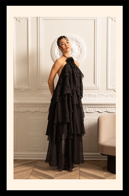 “Amara Voile” Layered Chiffon Halter Gown