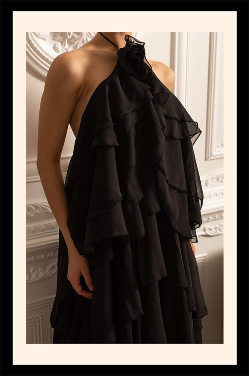 “Amara Voile” Layered Chiffon Halter Gown