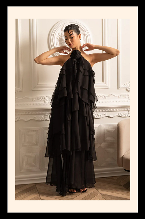 “Amara Voile” Layered Chiffon Halter Gown