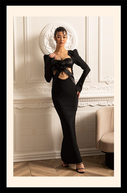 “Noir Fleur” Sculpted Cut-Out Gown – Velour de Luxe Collection