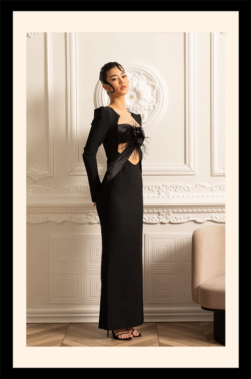 “Noir Fleur” Sculpted Cut-Out Gown – Velour de Luxe Collection