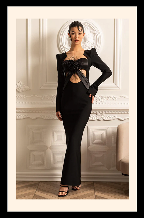 “Noir Fleur” Sculpted Cut-Out Gown – Velour de Luxe Collection