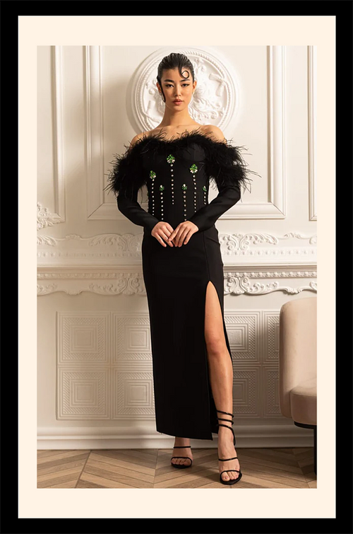 “Jardin d’Émeraude” Feathered Crystal Gown – Velour de Luxe Collection