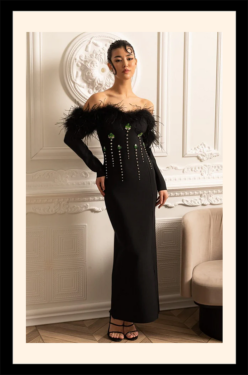 “Jardin d’Émeraude” Feathered Crystal Gown – Velour de Luxe Collection