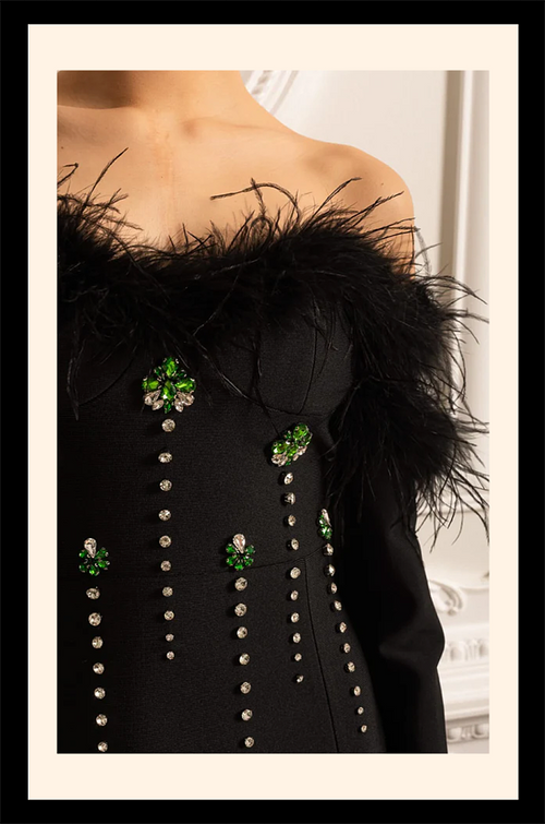 “Jardin d’Émeraude” Feathered Crystal Gown – Velour de Luxe Collection