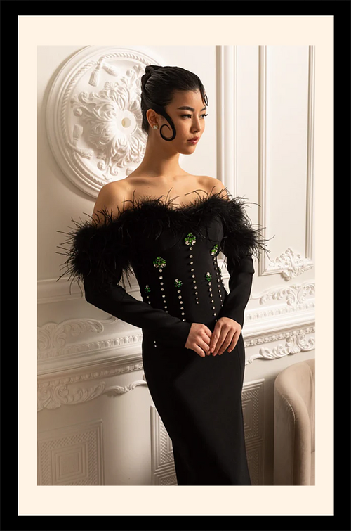 “Jardin d’Émeraude” Feathered Crystal Gown – Velour de Luxe Collection
