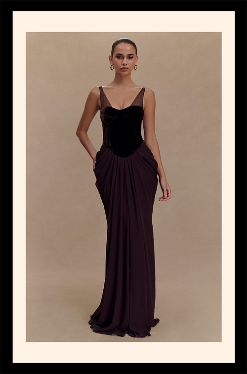 “Mocha Éclat” Velvet Drape Gown – Velour de Luxe Collection