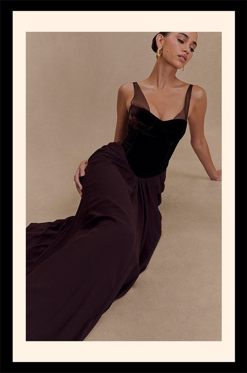 “Mocha Éclat” Velvet Drape Gown – Velour de Luxe Collection
