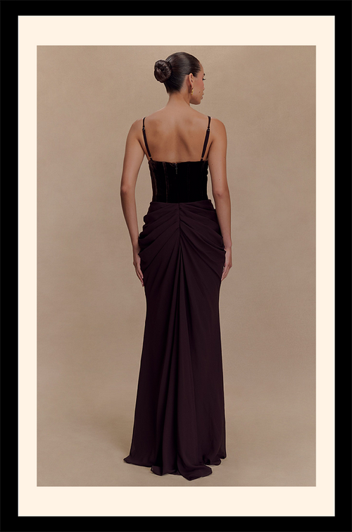 “Mocha Éclat” Velvet Drape Gown – Velour de Luxe Collection