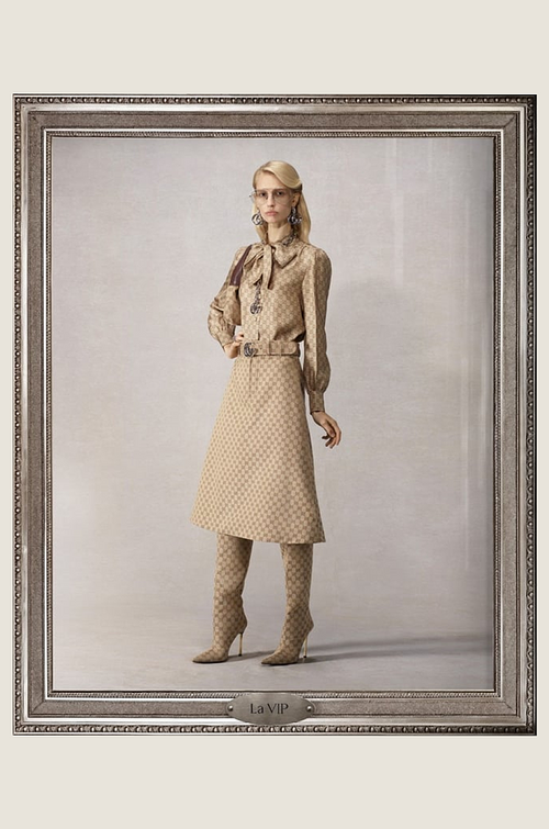 Gucci GG Silk Bow Blouse & Monogram A-Line Skirt Set