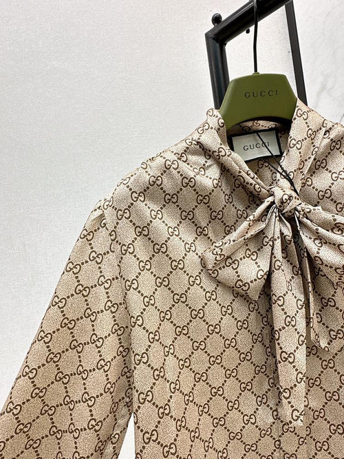 Gucci GG Silk Bow Blouse & Monogram A-Line Skirt Set