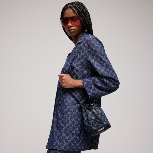Gucci GG Denim Mini Bucket Bag with Leather Trim