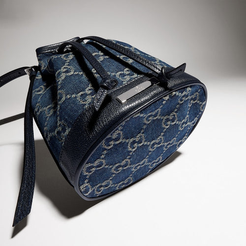 Gucci GG Denim Mini Bucket Bag with Leather Trim