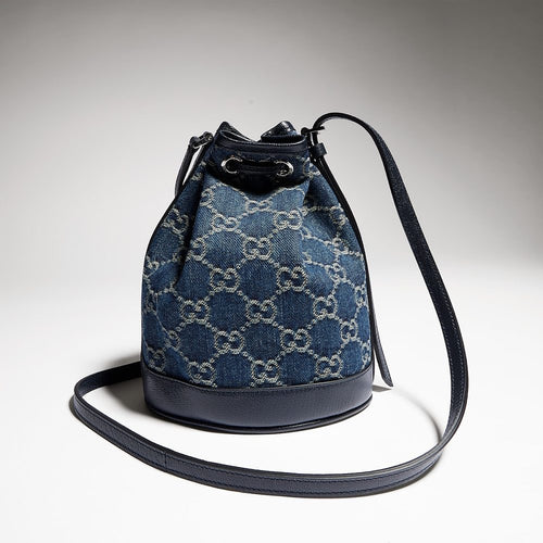 Gucci GG Denim Mini Bucket Bag with Leather Trim