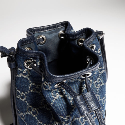 Gucci GG Denim Mini Bucket Bag with Leather Trim