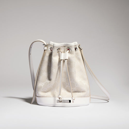 Gucci GG Monogram Canvas Mini Bucket Bag with White Leather Trim