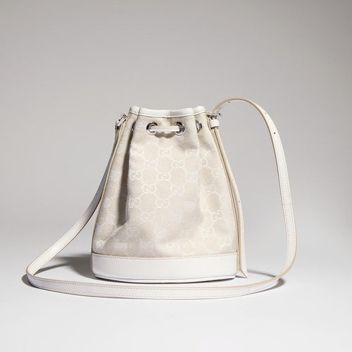 Gucci GG Monogram Canvas Mini Bucket Bag with White Leather Trim
