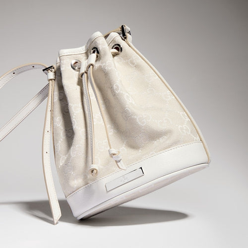 Gucci GG Monogram Canvas Mini Bucket Bag with White Leather Trim