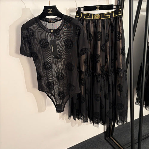 Versace Medusa Flocked Mesh Bodysuit &amp; Greca Tulle Midi Skirt Set