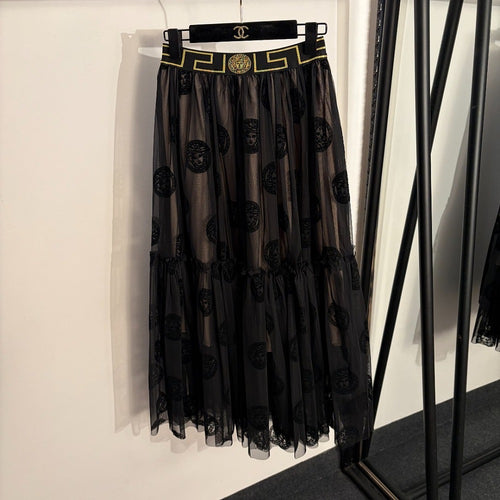 Versace Medusa Flocked Mesh Bodysuit &amp; Greca Tulle Midi Skirt Set