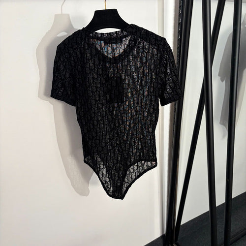Christian Dior Oblique Sheer Tulle Bodysuit & Tiered Midi Skirt Set
