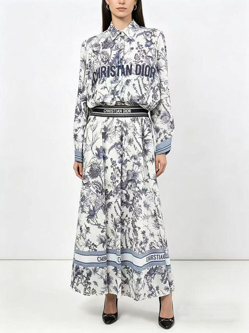 Christian Dior Toile de Jouy Logo Silk Shirt &amp; Maxi Skirt Set