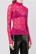 Marine Serre Moon Monogram Sheer Second-Skin Turtleneck Top – Fuchsia