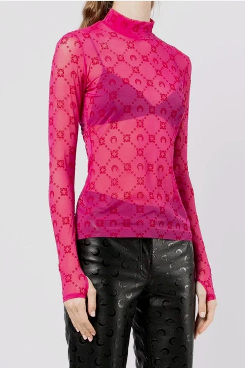 Marine Serre Moon Monogram Sheer Second-Skin Turtleneck Top – Fuchsia