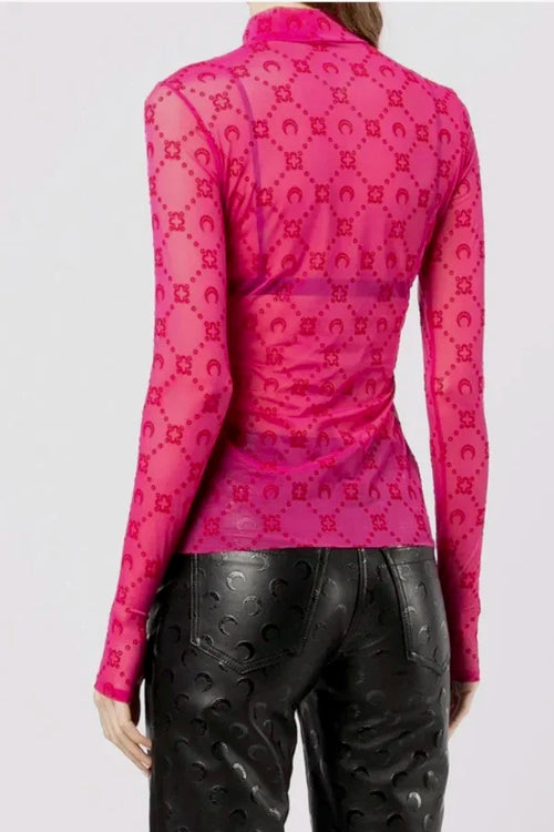 Marine Serre Moon Monogram Sheer Second-Skin Turtleneck Top – Fuchsia