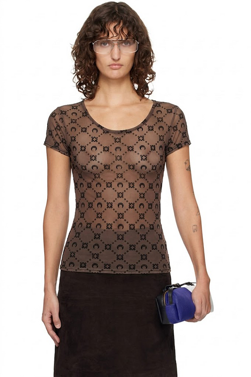 Marine Serre Moon Monogram Sheer Second-Skin T-Shirt – Mocha
