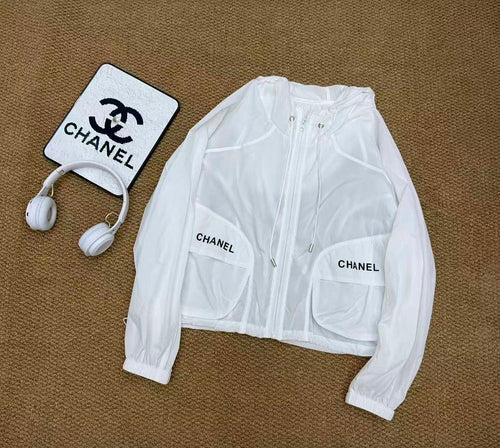 CHANEL Sheer Hooded Logo Windbreaker Jacket – White