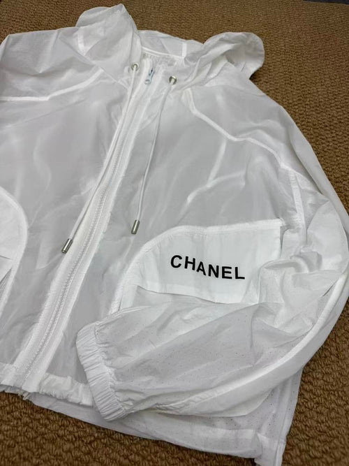 CHANEL Sheer Hooded Logo Windbreaker Jacket – White