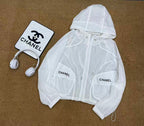 CHANEL Sheer Hooded Logo Windbreaker Jacket – White