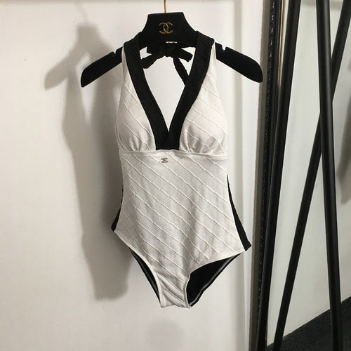 CHANEL Matelassé Contrast Halterneck One-Piece Swimsuit
