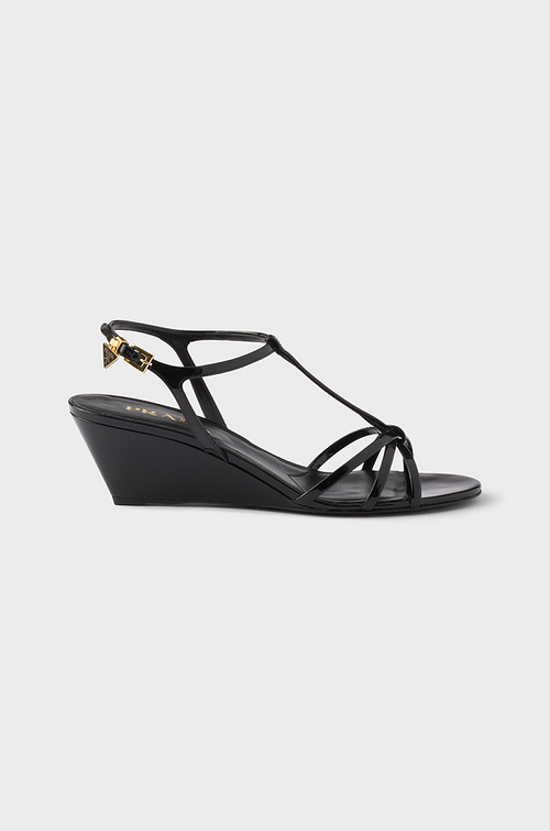 Prada Patent Leather T-Strap Wedge Sandals